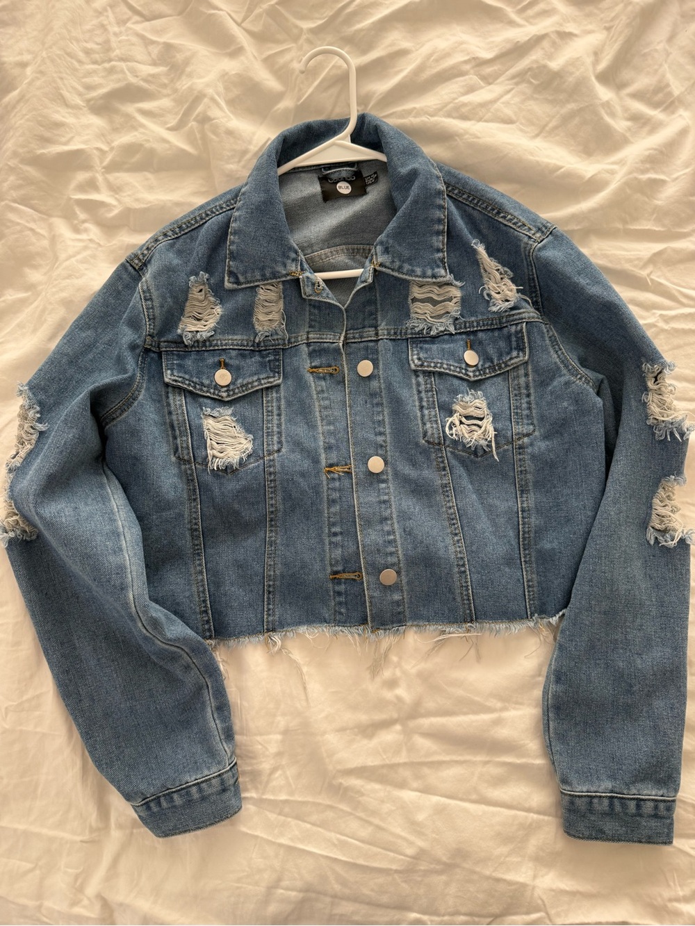 Boohoo Blue Distressed Cropped Denim Jacket